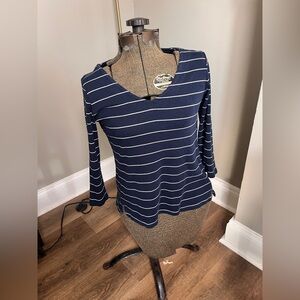 J.Jill Navy White Pinstripe 100% Pima Cotton Top Classic Comfortable XS Petite